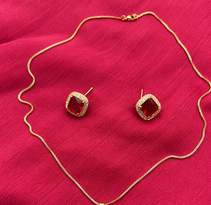 Crystal Halo Pendant Necklace & Earrings Set | Gold Tone Square Jewelry Set for Women