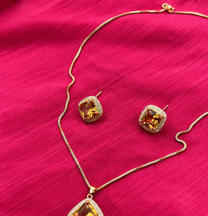 Crystal Halo Pendant Necklace & Earrings Set | Gold Tone Square Jewelry Set for Women