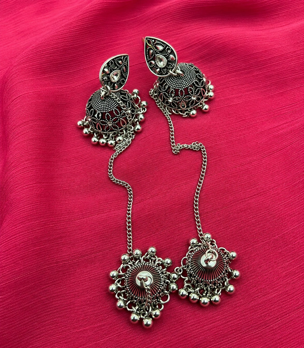 Antique Jhumka Earrings with Chain & Tikka | Traditional Pakistani Indian Bridal Jewelry