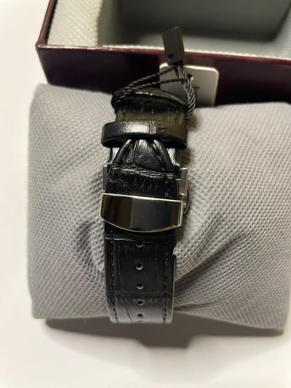 Men's Luxury Analog Watch – Silver Dial, Black Leather Strap and Premium Formal Wristwatch