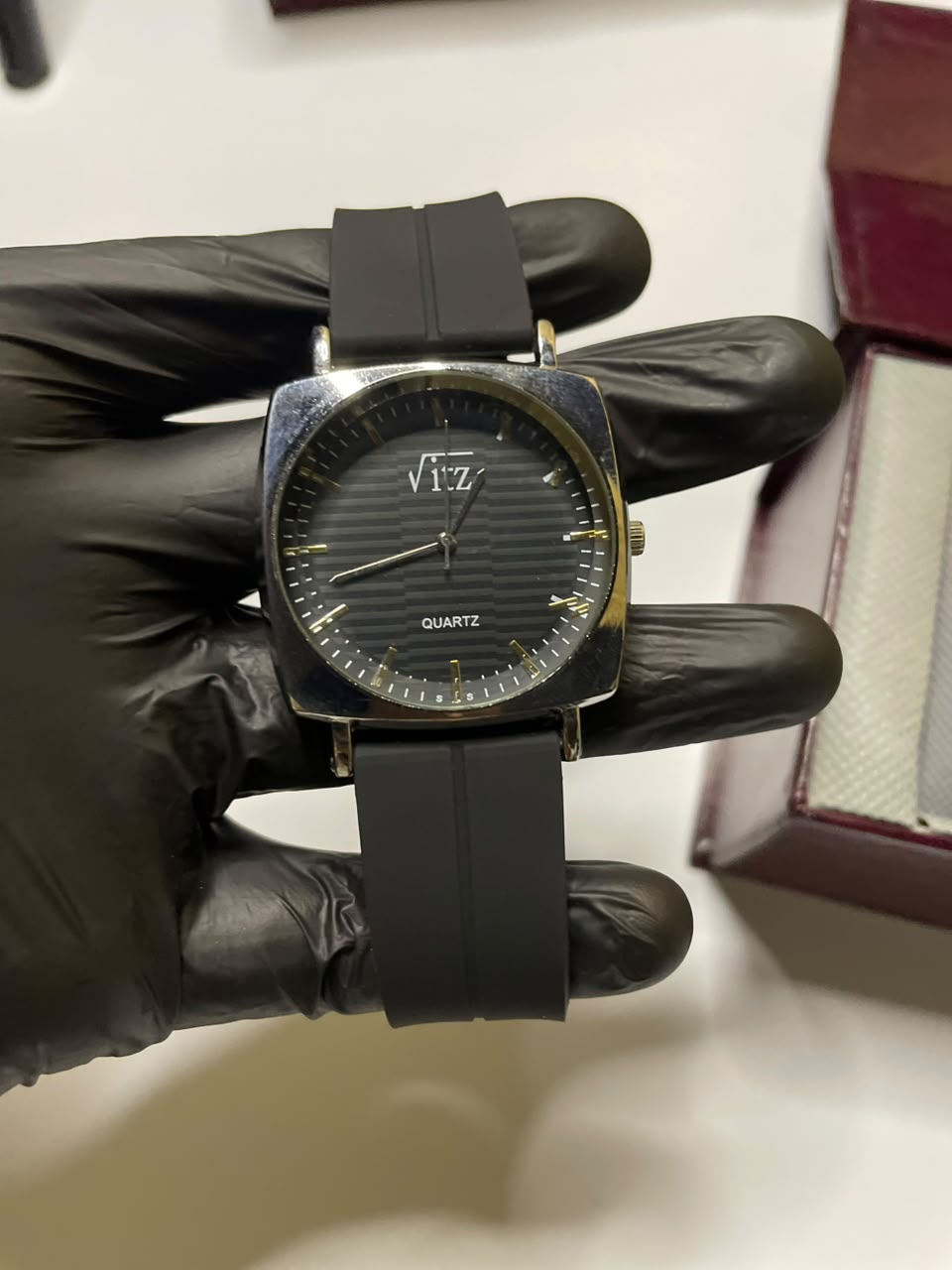 Vitz Classic Edge Men’s Watch – Textured Black Square Dial with Silver Tone Case & Black Strap