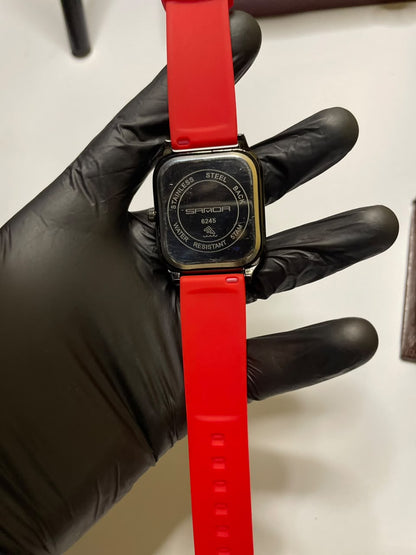 Bold Edge Men’s Watch – Black Square Dial with Red Silicone Strap & Sporty Design