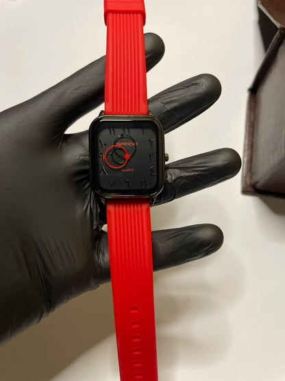 Bold Edge Men’s Watch – Black Square Dial with Red Silicone Strap & Sporty Design