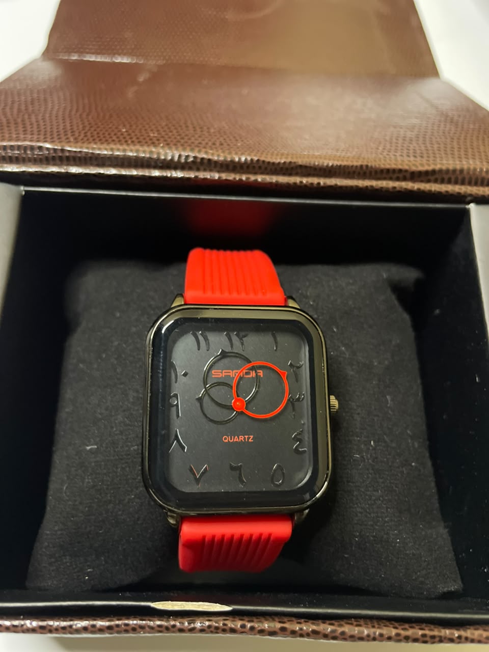 Bold Edge Men’s Watch – Black Square Dial with Red Silicone Strap & Sporty Design