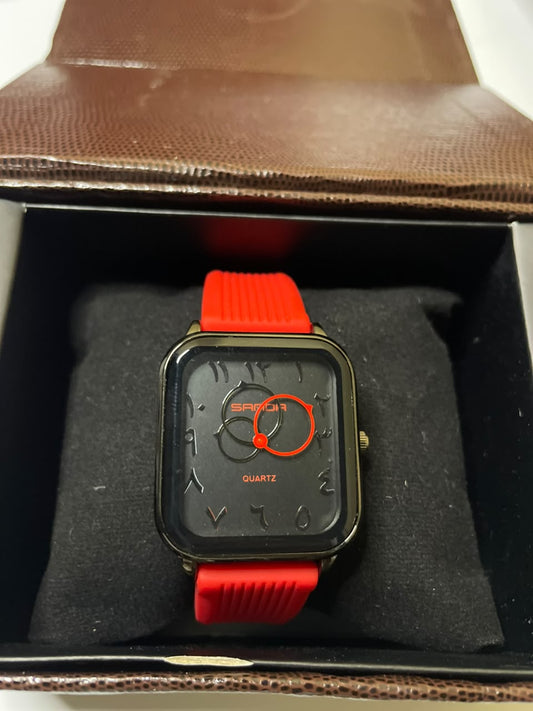 Bold Edge Men’s Watch – Black Square Dial with Red Silicone Strap & Sporty Design