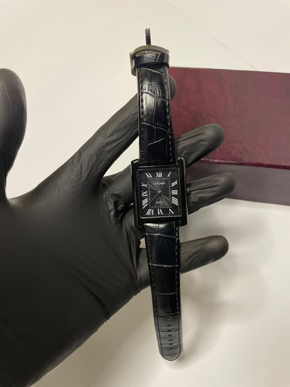 Luxury Men’s Black Rectangle Watch – Roman Numeral Dial with Leather Strap