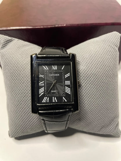 Luxury Men’s Black Rectangle Watch – Roman Numeral Dial with Leather Strap