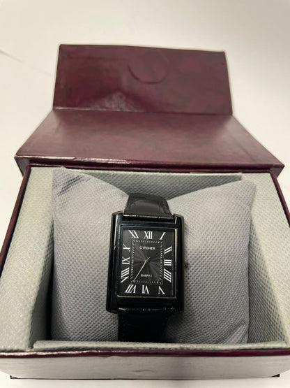 Luxury Men’s Black Rectangle Watch – Roman Numeral Dial with Leather Strap