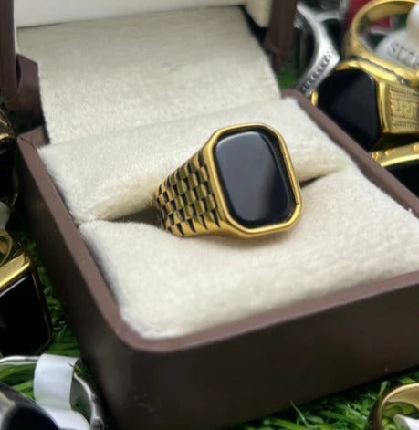 AURAVO Men's Gold Black Textured Statement Ring – Italian Style